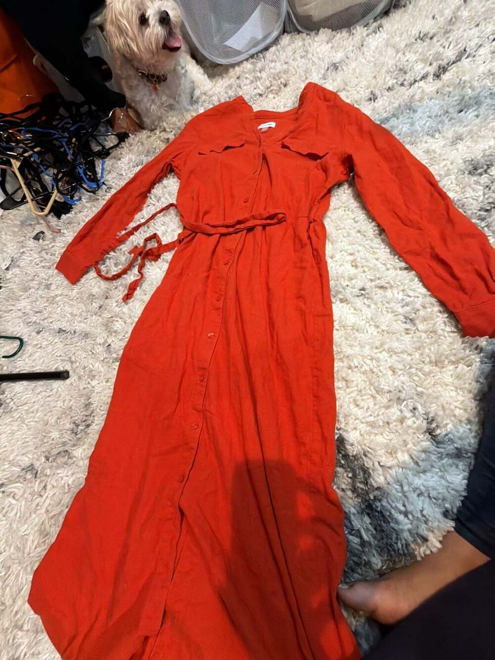 Calvin Klein Long Sleeve Button-Down Maxi Shirtdress in Red